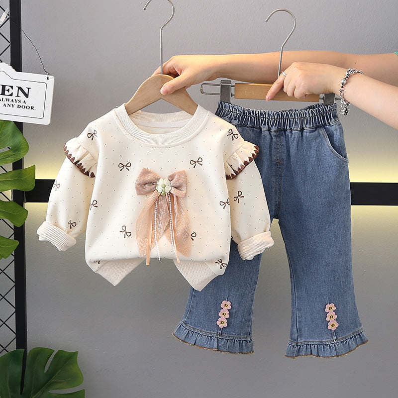 2025 New Spring and Autumn Full-Print Bowknot Outfit for Baby Girls, Denim Pants and Long-Sleeve Two-Piece Set, Trendy Baby Clothing Wholesale