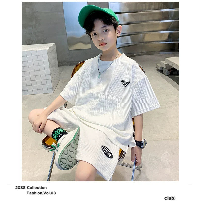 New Summer Boys Clothes Sets Teen Short Sweatshirt + Pants Children Clothing Solid Kids Boy Sport Suits 4 6 8 10 12 14 Years