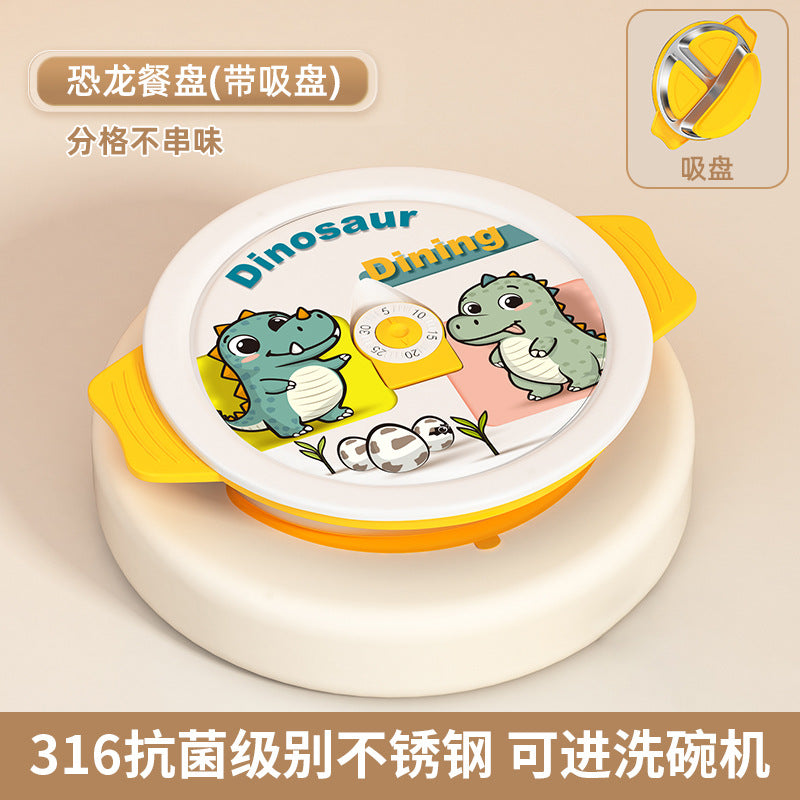 316 Stainless Steel Children's Dinner Plate, Cute Dinosaur Car-Shaped Divided Plate with Suction Cup to Prevent Falling, Baby Anti-Fall Plate
