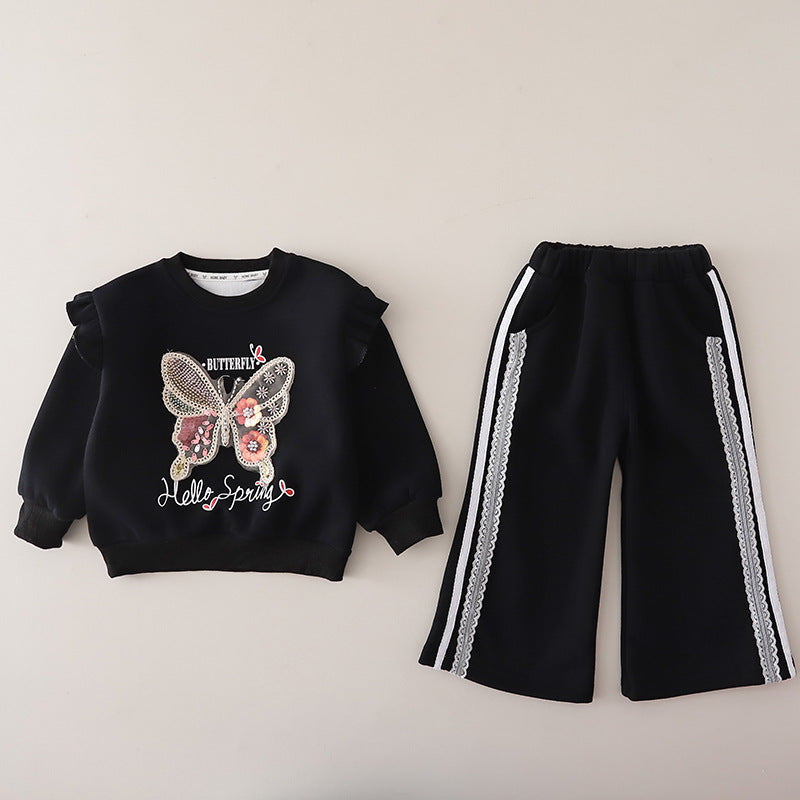 Girls' 2026 New Spring and Autumn Outfit, Stylish Baby Girl Fall Clothes, Korean Style Butterfly Sweatshirt Two-Piece Set, Trendy Wholesale