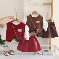 2026 New Girls' Autumn Outfit Set, Stylish Baby Girl Clothes, Spring and Autumn Sweater Vest Three-Piece Set, Trendy