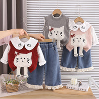 Cute Style Children's Clothing, Autumn Children's Clothing, Little Girl Clothes, Cartoon Three-Dimensional Knitted Vest Three-Piece Set, Baby Girl Clothing