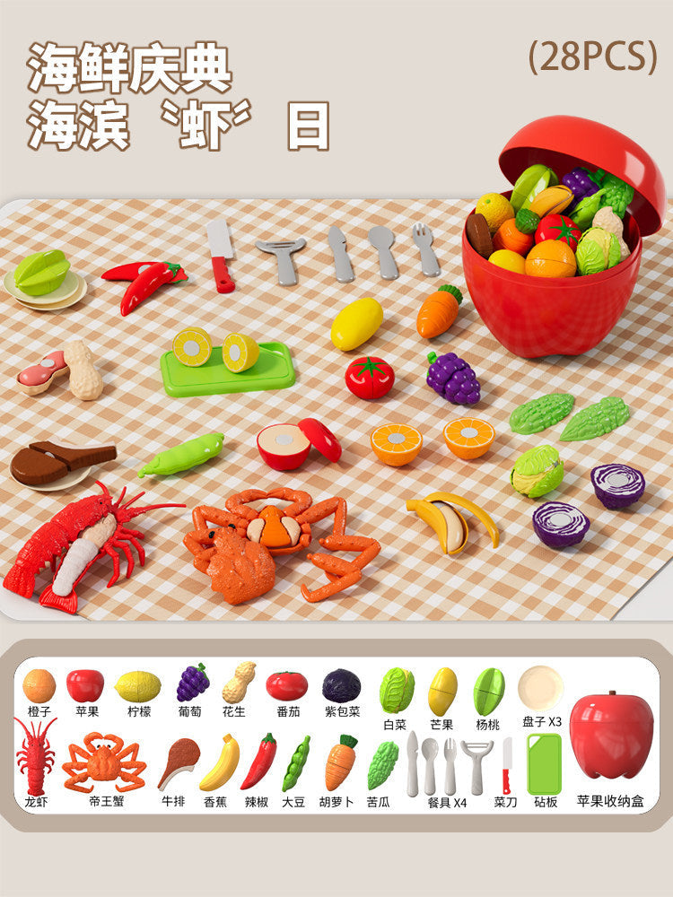 Children's Pretend Play Fruit, Vegetable, and Seafood Toys, Peelable and Chewable, Realistic Kitchen Playset, Birthday Gift