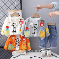Spring 2025 New Boys' Cartoon Cardigan Long-sleeved Three-piece Set for Boys and Babies' Casual Denim Trousers for suit and Hair