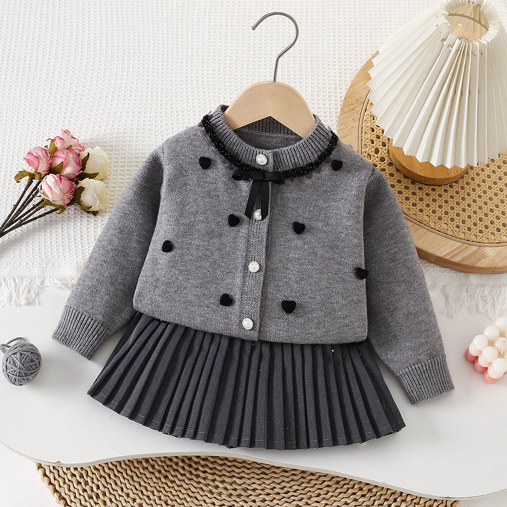 Girls' Heart Sequin Lace Collar Sweater Skirt Spring New Baby Girl Cute Knitted Two-Piece Korean Style Trendy