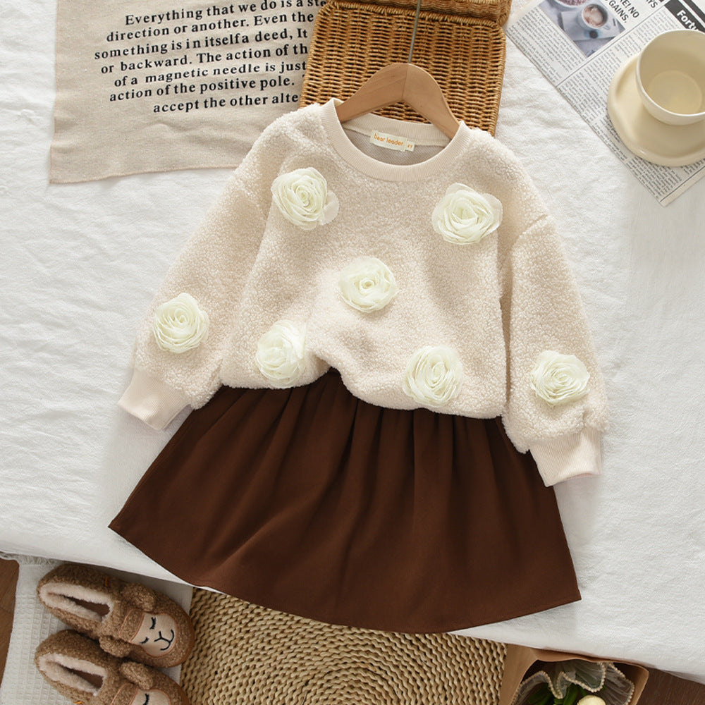 Girls' Autumn and Winter Outfit with Bow, Teddy Velvet Long-Sleeve Top and Short Skirt, Korean Style Simple Two-Piece Set, Cross-Border Children's Clothing