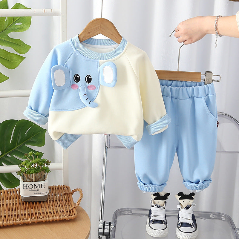 Spring 2025 Korean children's clothing for boys and girls cartoon elephant long sleeve children's suit two-piece children's clothes trendy generation hair