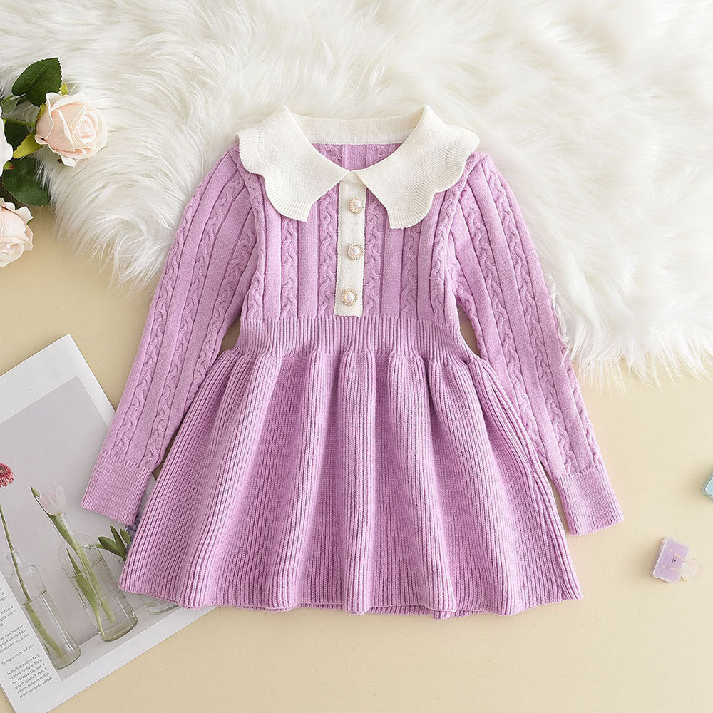 Girls' Sweater Dress 2022 Winter New Korean Style Fashionable Solid Color Little Girl Knitted Long-Sleeved Princess Dress Trendy