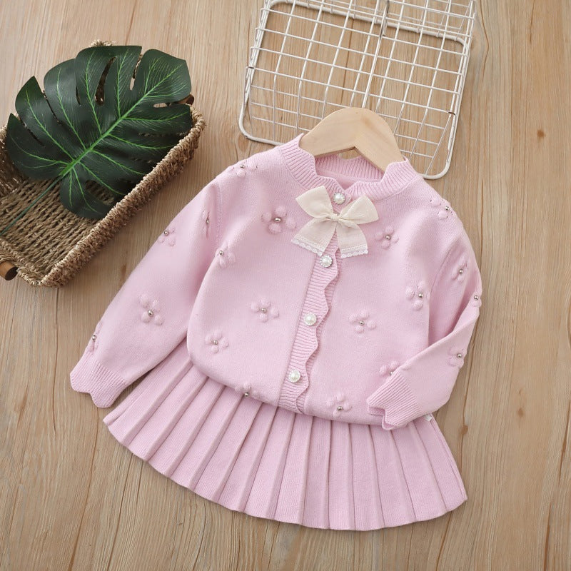 Baby Girl Cardigan Suit 2025 Autumn New Girls Cute Skirt Suit Girls Sweater Suit