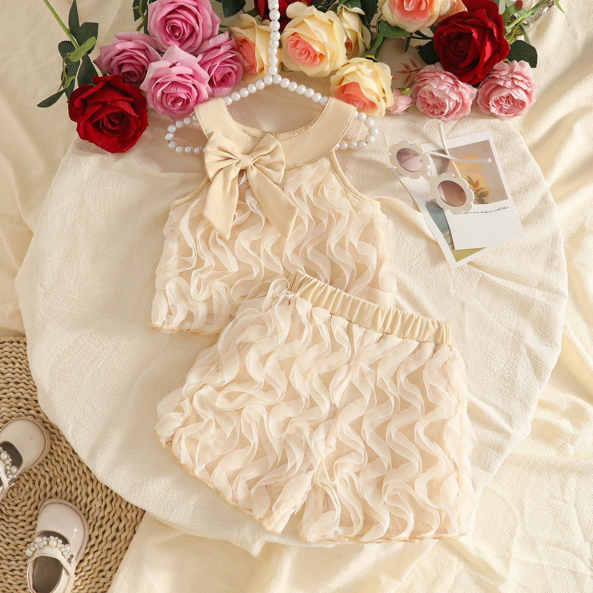 2027 Cross-border Sweet 0-3 Year Old Baby Girl Set: Sleeveless Round Neck Top + Shorts in Ribbed Mesh Fabric