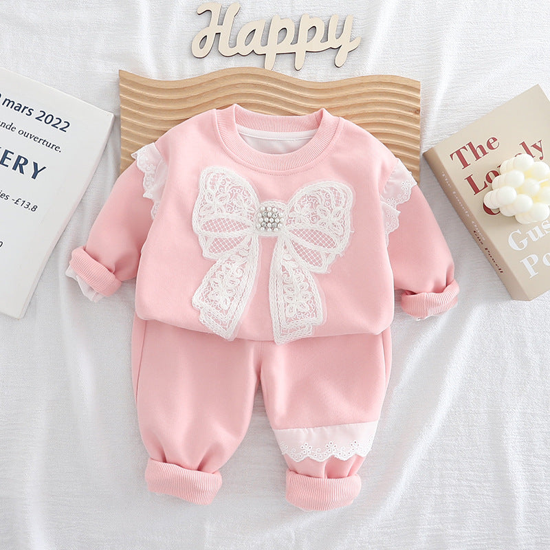 Girls' Spring and Autumn Outfit Set, Children's Stylish Clothing with Big Bow, Casual Baby Wear, Cute Toddler Autumn Sweatshirt