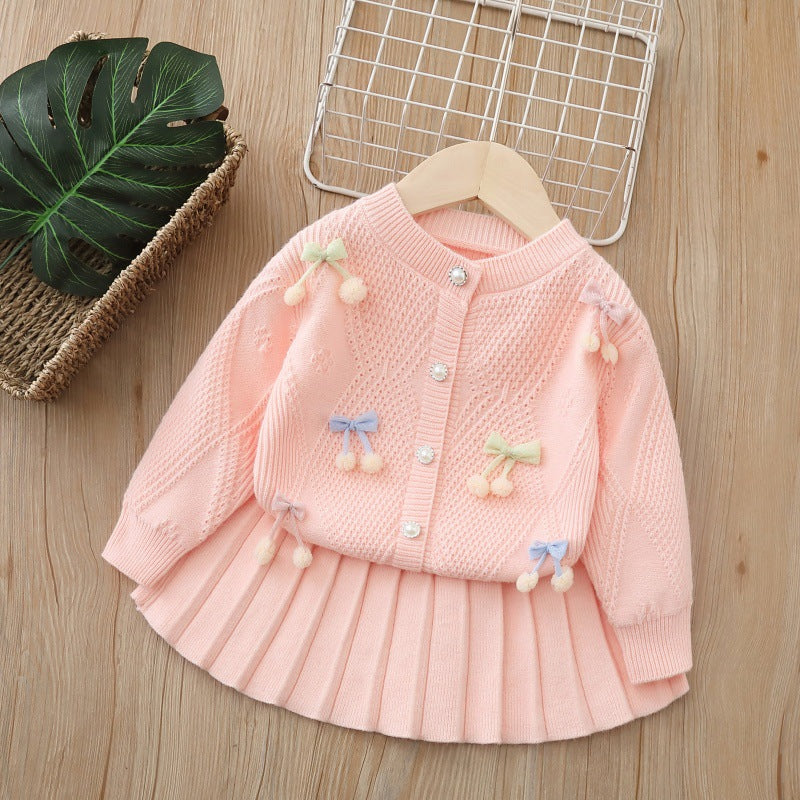 Baby Girl Handmade Flower Cardigan Two-Piece Set 2025 Autum New Girl Cute Skirt Girl Sweater Suit