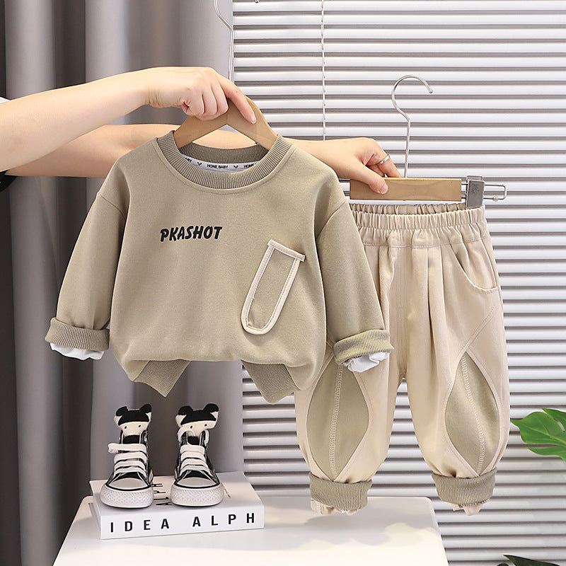 Boys' Spring and Autumn Children's Outfit 2026 New Stylish Baby Color-Block Pocket Long-Sleeve Sweatshirt Two-Piece Set Wholesale