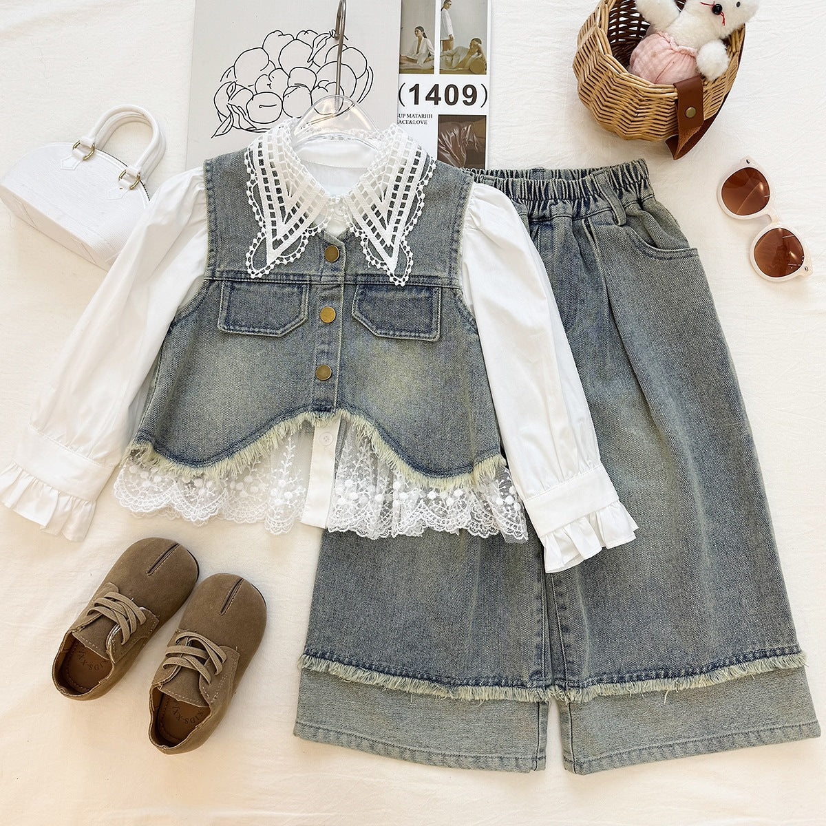 2026 New Girls' Denim Autumn Fashionable Children's Vest Shirt and Wide-Leg Pants Three-Piece Set for Girls