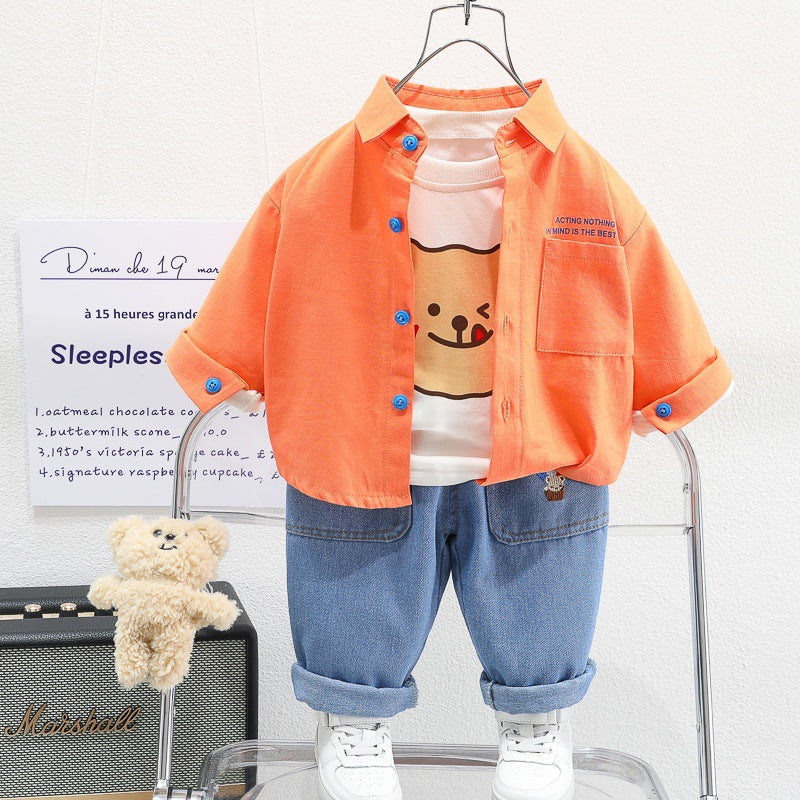 Free Shipping Yikids Men's New Spring and Autumn Baby Fashion suit Korean Style Shirt Jacket Long Sleeve Three-Piece Set