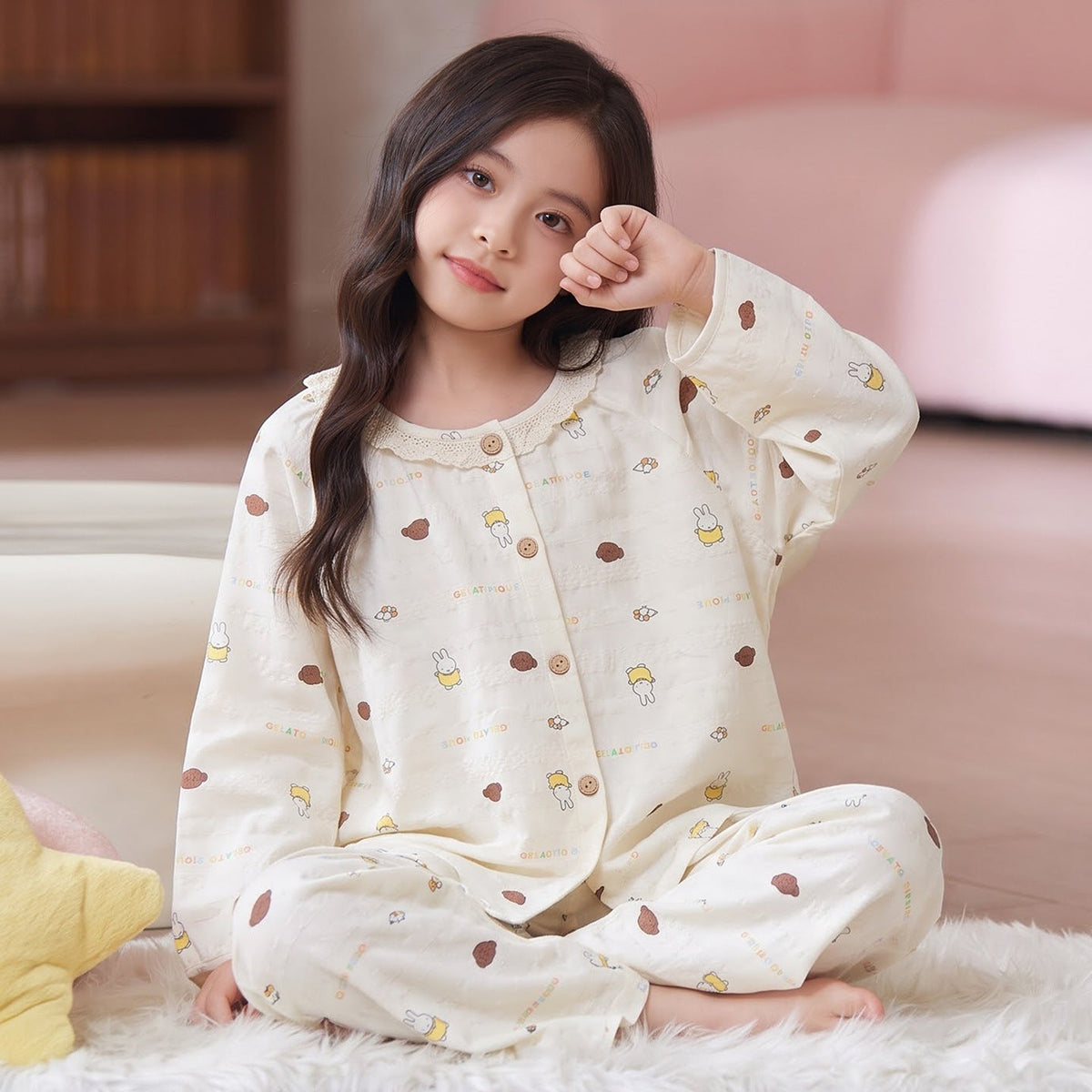 Kids Pajamas for Spring and Autumn Girls’ Cloud Cotton Long-Sleeve Thin Set, Big Kid 2026 New Trendy Homewear