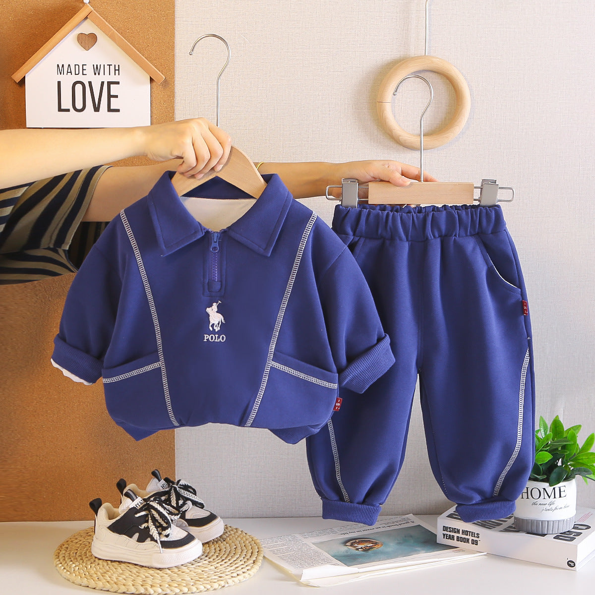 Boys' Striped Polo Set Spring and Autumn New Style Toddler Embroidered Turn-down Collar Sweatshirt and Pants Casual Two-piece Set Children's Clothing Wholesale