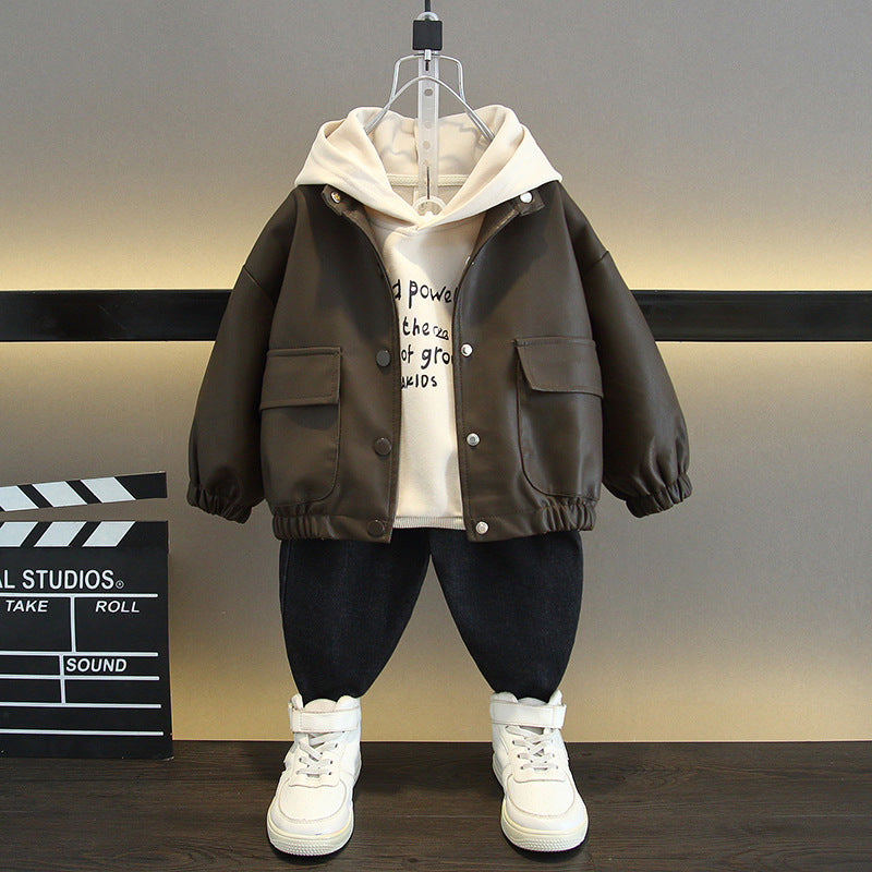 Children's Spring and Autumn Hooded Sweatshirt and Leather Jacket Two-Piece Set 2026 New Autumn Korean Style Handsome Boys' Casual Jacket