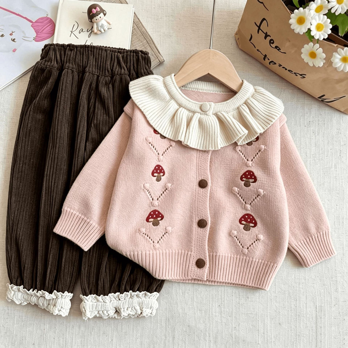 Children's Sweater 2026 New Cardigan with Ruffle Collar, Spring and Autumn Girls' Embroidered Doll Collar Cute Top