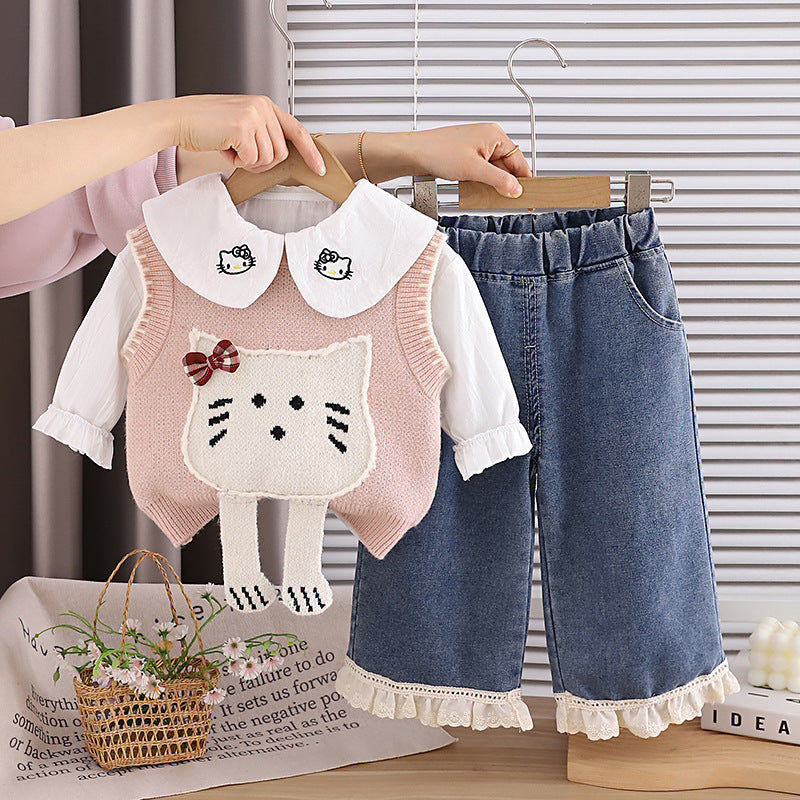 Cute Style Children's Clothing, Autumn Children's Clothing, Little Girl Clothes, Cartoon Three-Dimensional Knitted Vest Three-Piece Set, Baby Girl Clothing