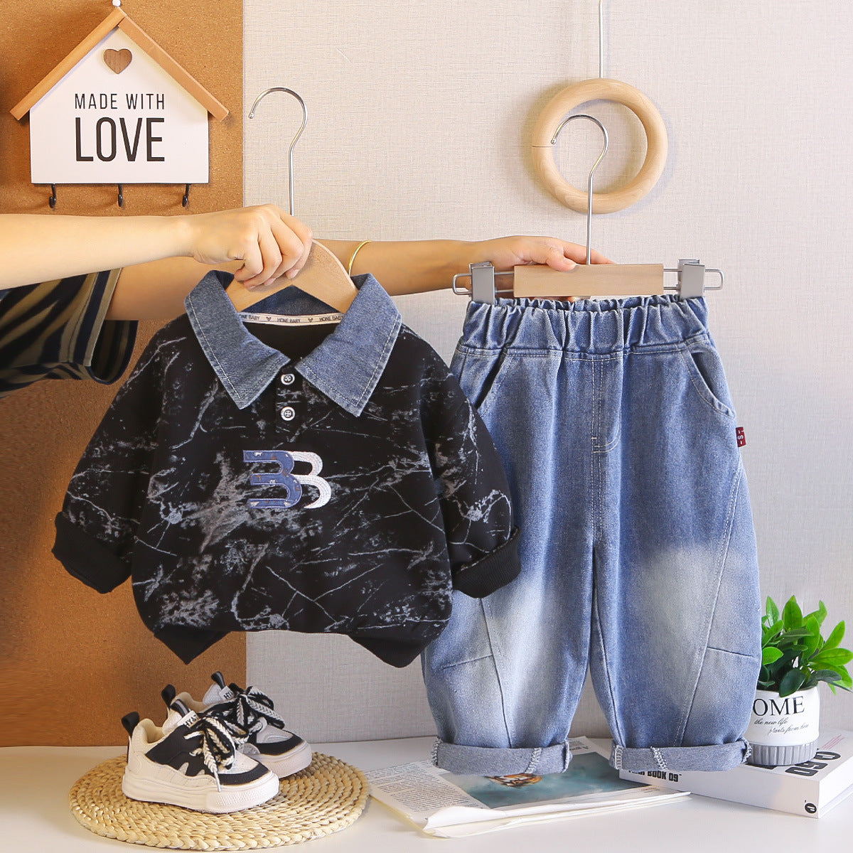 Boys' Striped Polo Set Spring and Autumn New Style Toddler Embroidered Turn-down Collar Sweatshirt and Pants Casual Two-piece Set Children's Clothing Wholesale