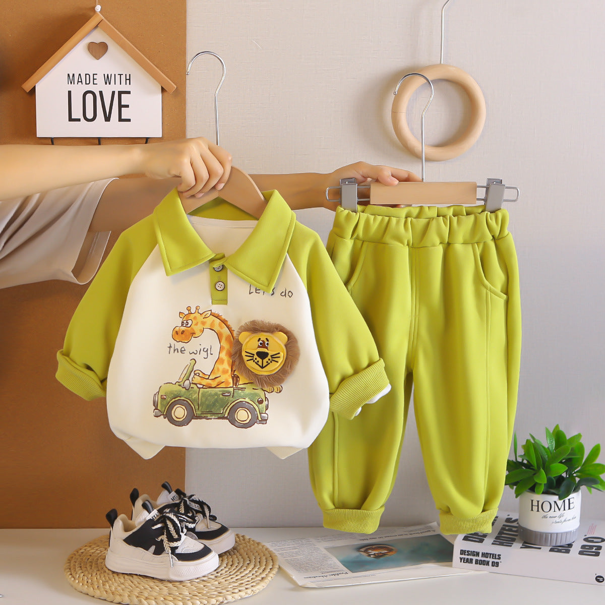 Free Shipping Boys' Outfit New Style Children's Cute Lapel 3D Lion Long-Sleeve Long Pants Two-Piece Set Baby Spring and Autumn Outfit