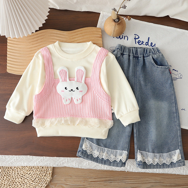 Trendy Girls' Spring and Autumn Outfit 2026 New Style Cute Baby Girl Long-Sleeve Sweatshirt Toddler Two-Piece Set