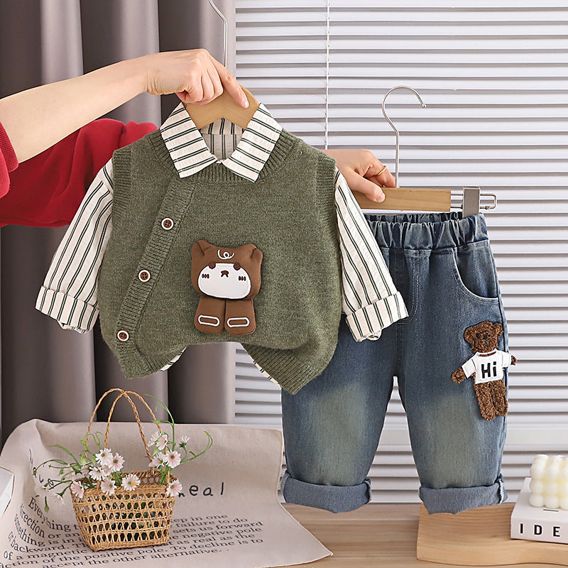 Free shipping boys' spring and autumn outfit, baby boy infant children's set, Korean style bear sweater, long-sleeve shirt three-piece set, trendy