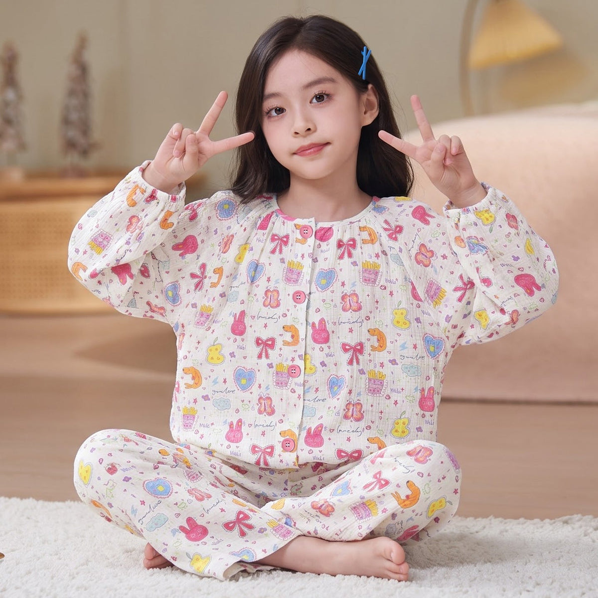 Cartoon Cute Style Girls Pajama Set with Cloud Pattern, Cotton Homewear for Spring and Autumn, Long-Sleeve Top and Long Pants, Lightweight Kids Pajamas