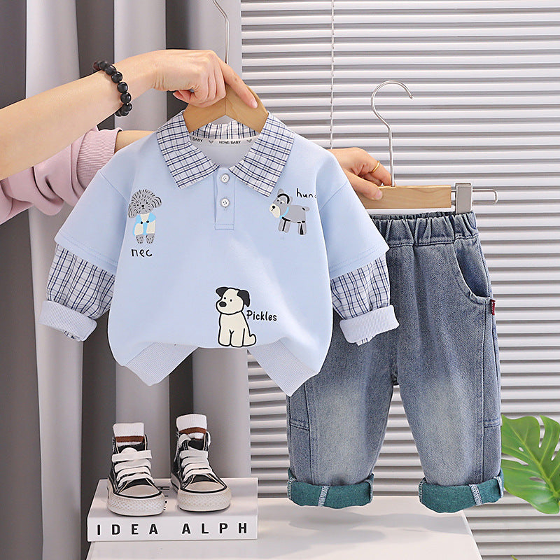 Free Shipping Yikids Boys' Spring Clothing New Style Puppy Lapel Long-Sleeved Sweatshirt and Jeans Set Baby Fashionable Children's Clothing