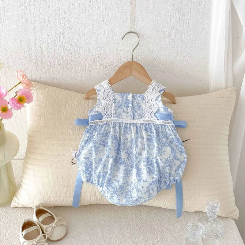 2025 New Summer Newborn Baby Girl Romper Sleeveless Cotton Printing Lace Splicing Infant Baby Girls Jumpsuit 0-24M Baby Clothes
