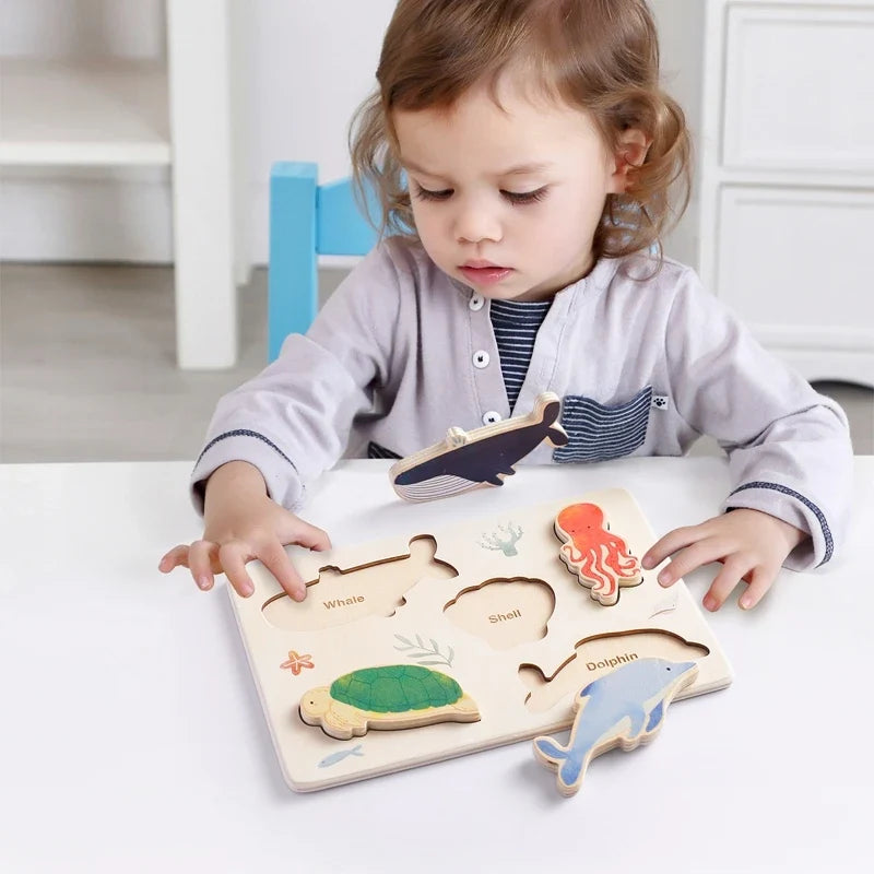 Wooden Puzzle Montessori Toys Baby Cartoon Ocean Animal Colorful Learning Education Block Toys Tangram Jigzaw Cognitive Kid Gift