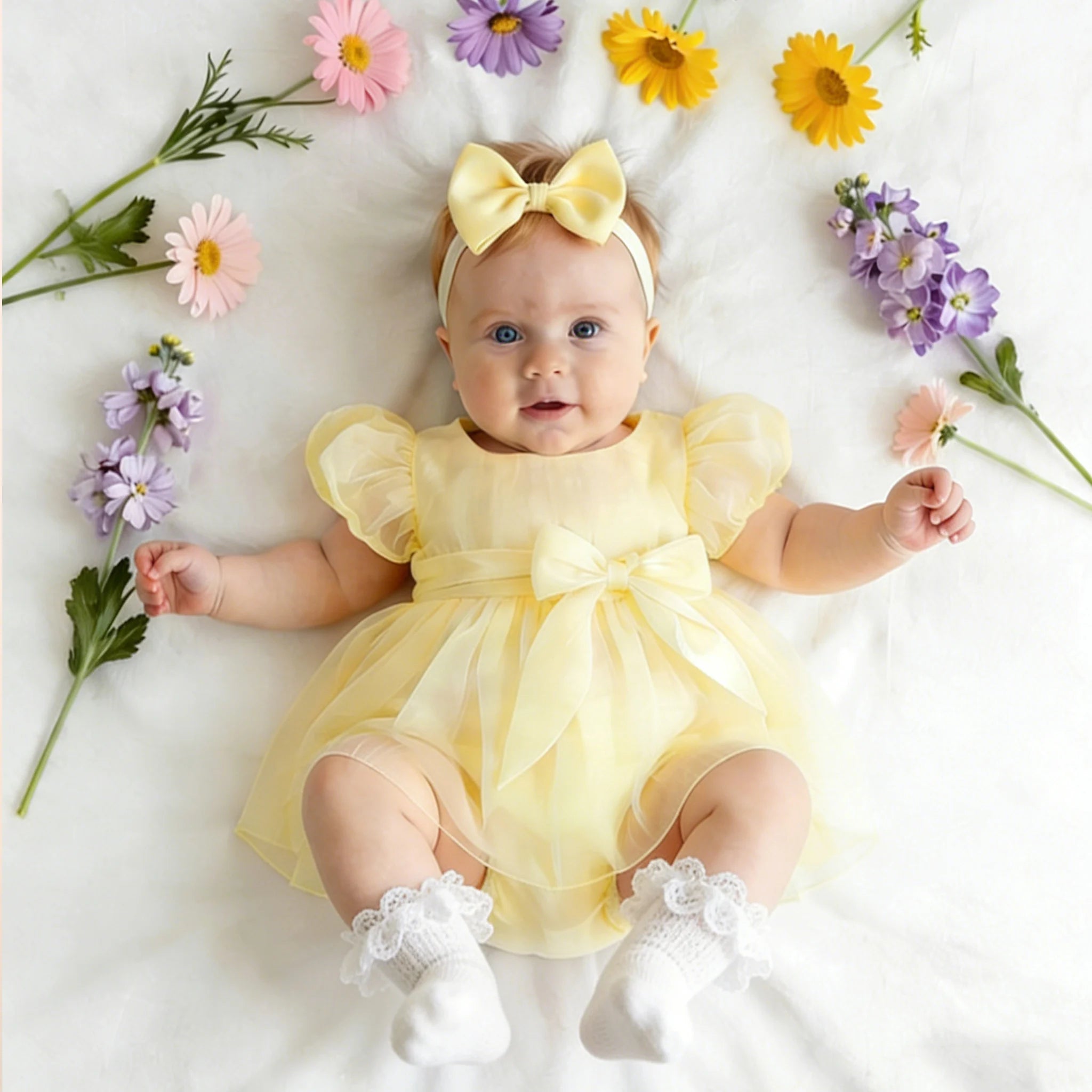 Summer New Style Newborn Sweet Puff Sleeve Tulle Dress with Headband Infant Romper Bow Princess Dress Casual Wear Shower Set-HD