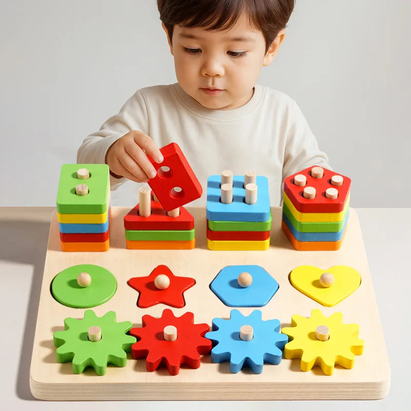 Montessori Geometric Pegboard Toy Shape Color Matching Stacker for Toddlers Wooden Sorting Educational Toys for Boys Girls