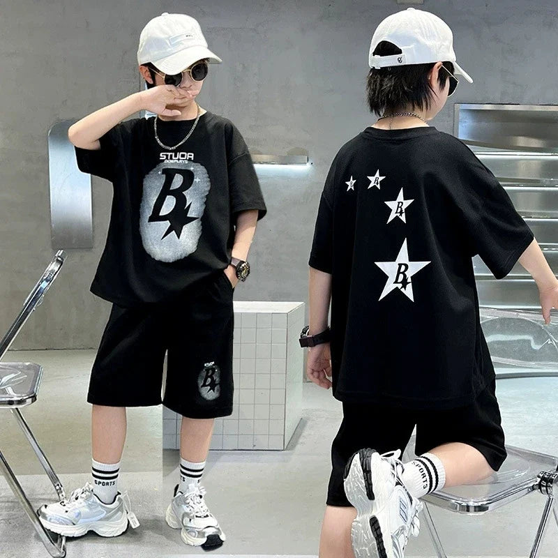 New Summer Teenager Boys Clothing Set Cotton Letter Short Sleeve T-shirt Shorts  Years Kids Tracksuits Child Cloth