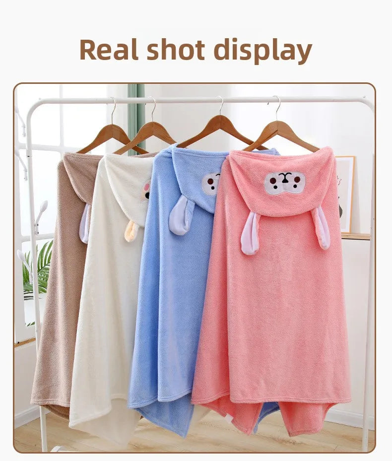 Cartoon Animal Hooded Bath Towel for Kids Coral Fleece Super Absorbent Non Shedding Bathrobe Cape for Toddler Baby