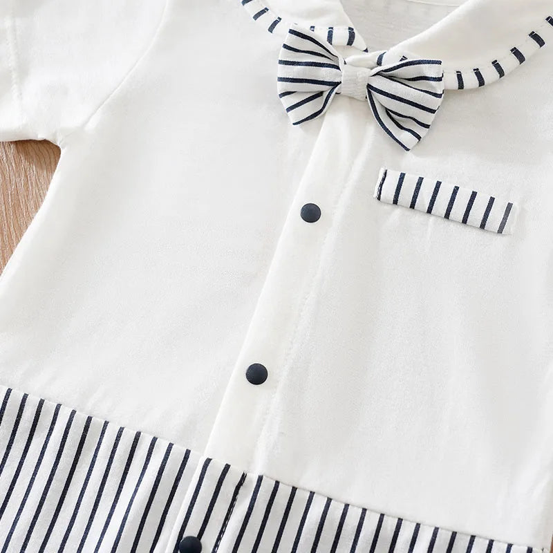 Newborn Baby Boy Summer short sleeve clothing 0-12 months one-piece white cotton comfort gentleman bow tie fashion straps romper