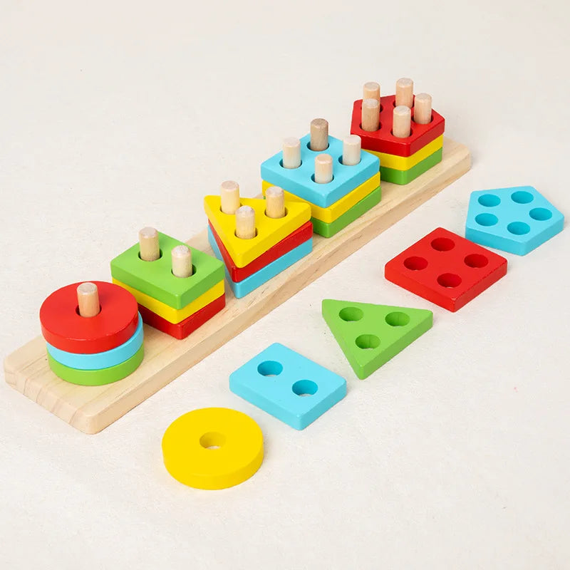 Wooden set of post building blocks baby fine motor toddler early education geometric shape matching color cognition classificati