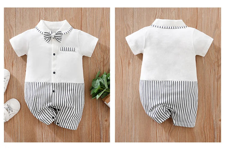 Newborn Baby Boy Summer short sleeve clothing 0-12 months one-piece white cotton comfort gentleman bow tie fashion straps romper