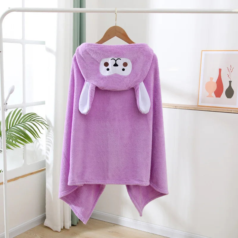 Cartoon Animal Hooded Bath Towel for Kids Coral Fleece Super Absorbent Non Shedding Bathrobe Cape for Toddler Baby