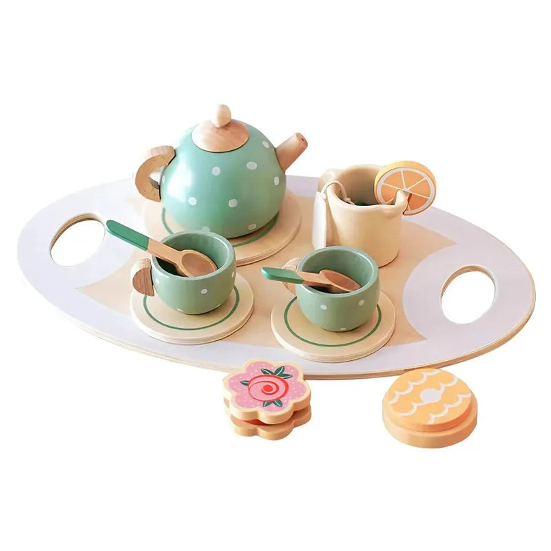 Wooden Pretend Play Kitchen Toys Coffee Machine Mixer Ice Cream Cake Toy Kids Play Food Teapot Cup Tea Set for Boys Girls Gifts
