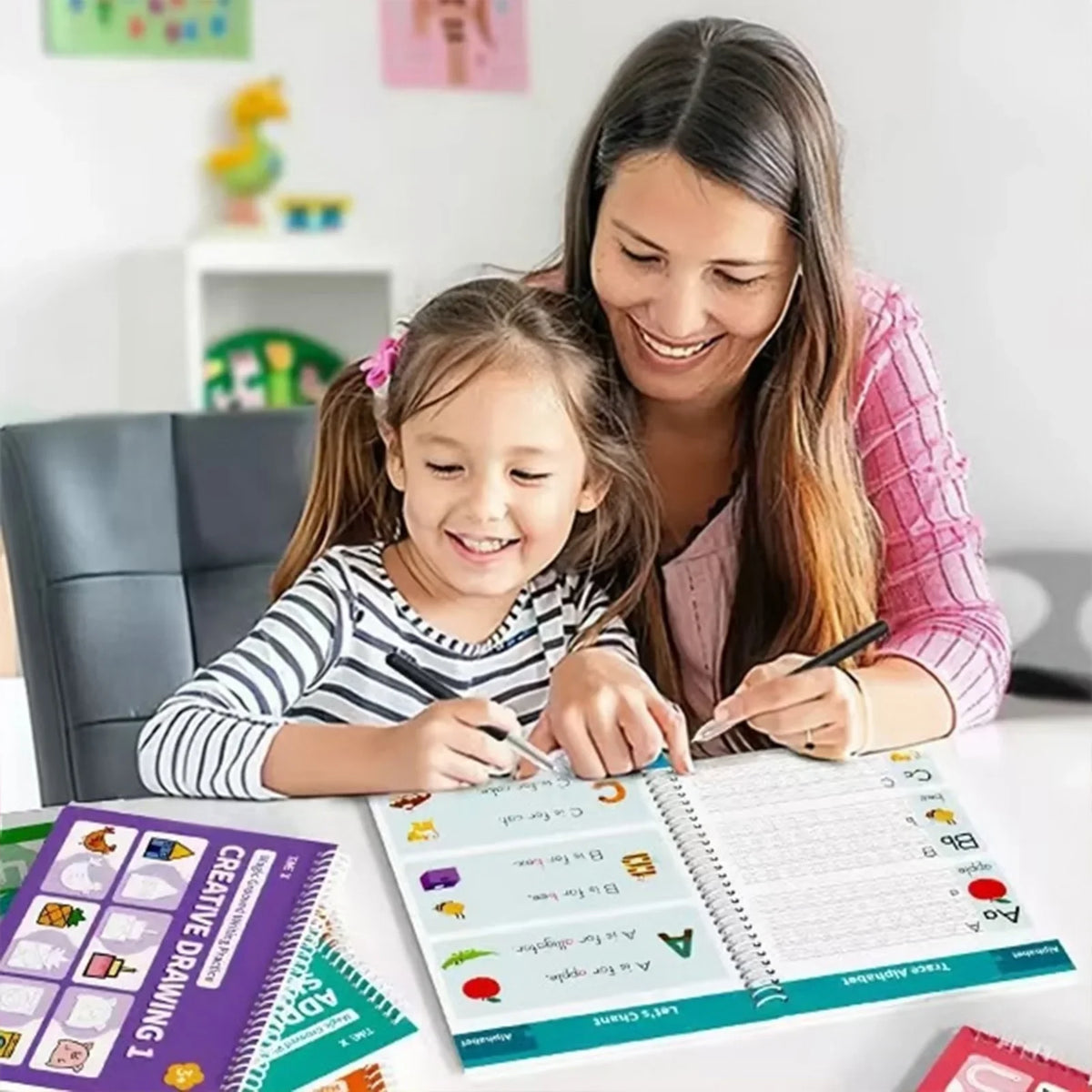 Kids Calligraphy Practice Book with Writing Correction Guide Reusable Handwriting Book with 6 Erasable Pens and 3 Grips