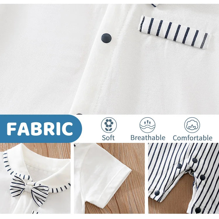 Newborn Baby Boy Summer short sleeve clothing 0-12 months one-piece white cotton comfort gentleman bow tie fashion straps romper