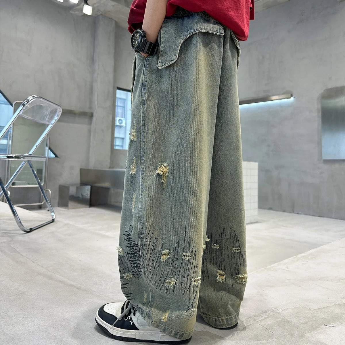Korean Boy Luxury Hip Hop y2k Baggy Ripped Jeans Kids High Street Fashion Hiphop Rap Dance Denim Pants Child Performance Trouser