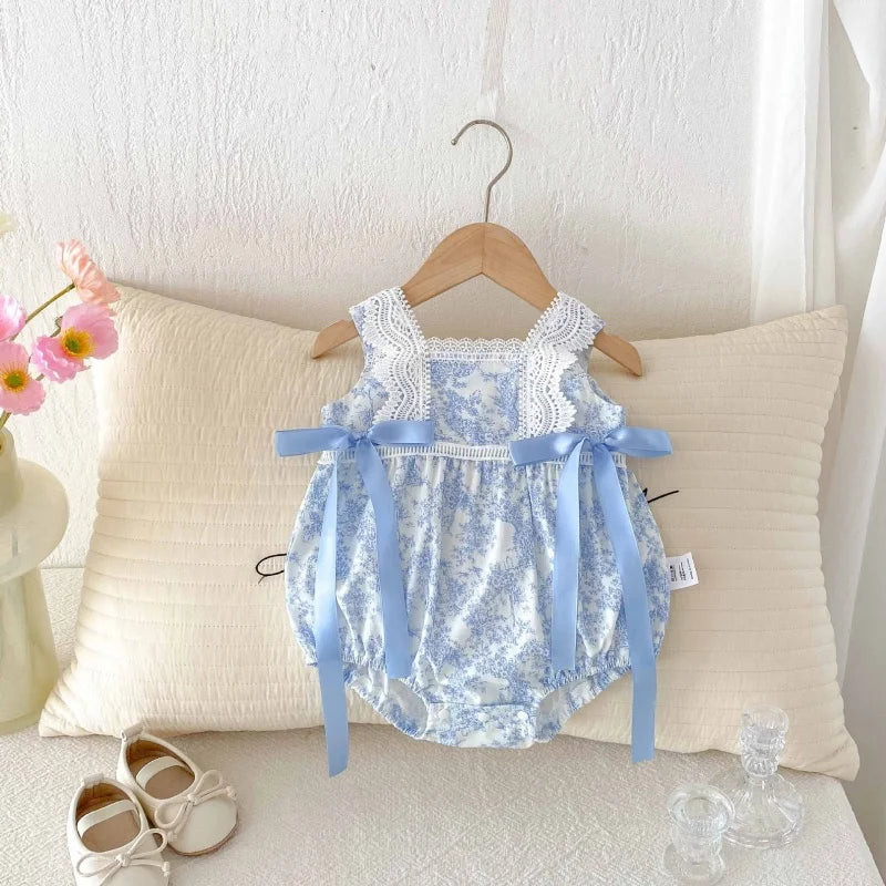 2025 New Summer Newborn Baby Girl Romper Sleeveless Cotton Printing Lace Splicing Infant Baby Girls Jumpsuit 0-24M Baby Clothes