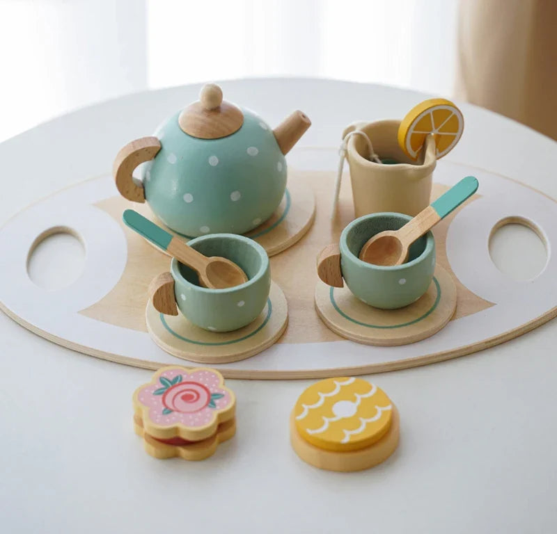 Wooden Afternoon Tea Set Toy Kitchen Accessories Tea Party Food Play Early Educational Toys for Toddlers Girls Boys Kids Gifts