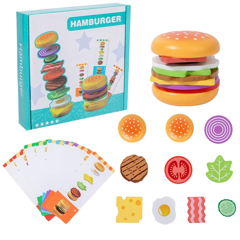 Montessori Wooden Hamburger Pretend Play Toy Educational Simulation Food Matching Stacking Game with Cards for Kids 2 Years Gift