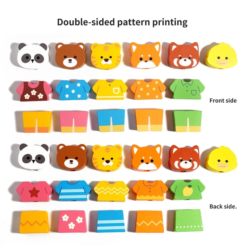 Wooden Children's Animal Changing Clothes Column Pattern Matching Color Recognition Fine Motor Training Game Educational Toys