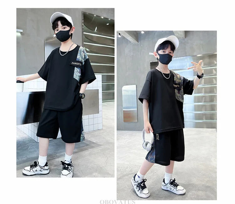 Boys Summer Suit Kids Short Sleeve T-Shirt Sports Casual Outfits for Teenage Boy Clothing Sets With Cartoon Bear