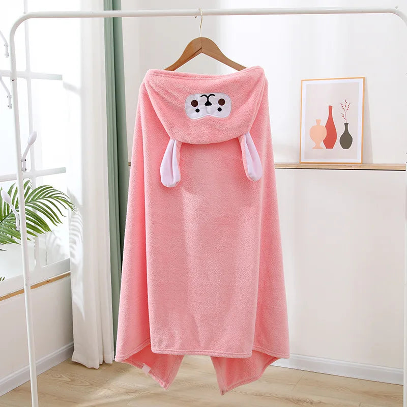 Cartoon Animal Hooded Bath Towel for Kids Coral Fleece Super Absorbent Non Shedding Bathrobe Cape for Toddler Baby